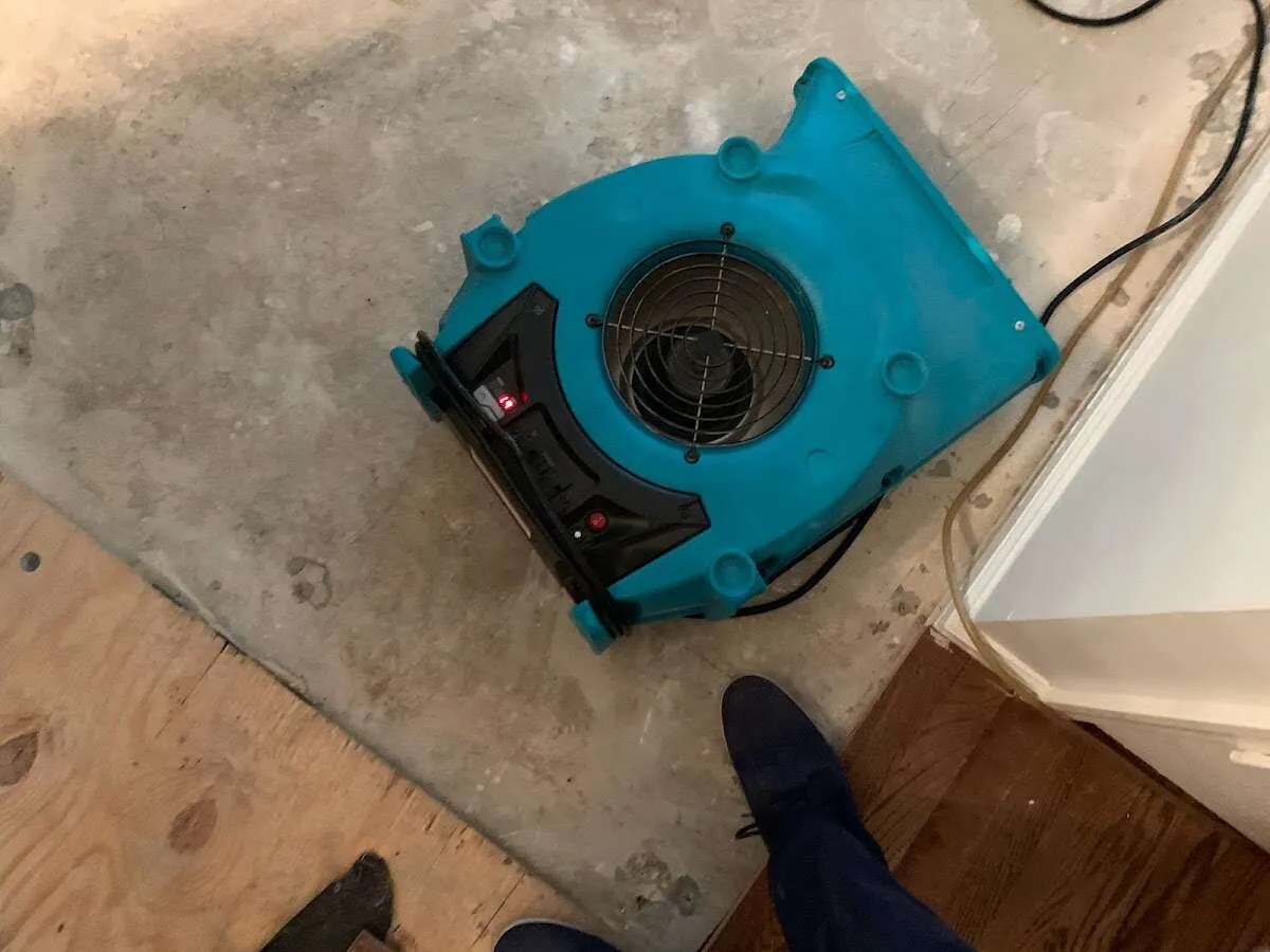 Air mover drying subfloor during Leak Detection & Repair in Hermon